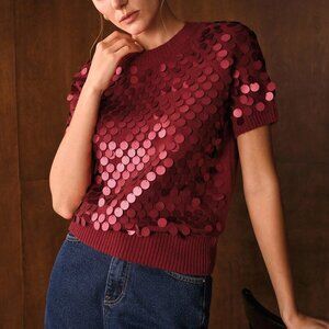 Red Casual Women's Premium Versatile Sequin Embellished Short Sleeve Knit Top
